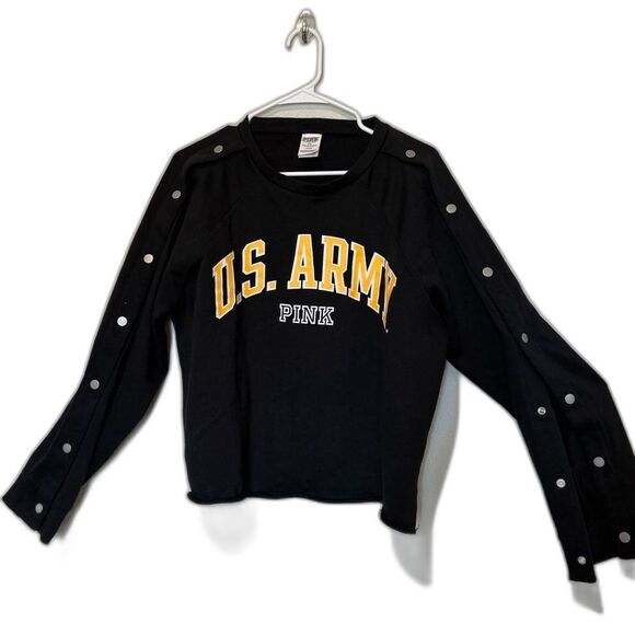 PINK Victoria's Secret Tops - Vintage Womens Pink Black Crew Neck Sweatshirt Cropped with Gold U.S. ARMY